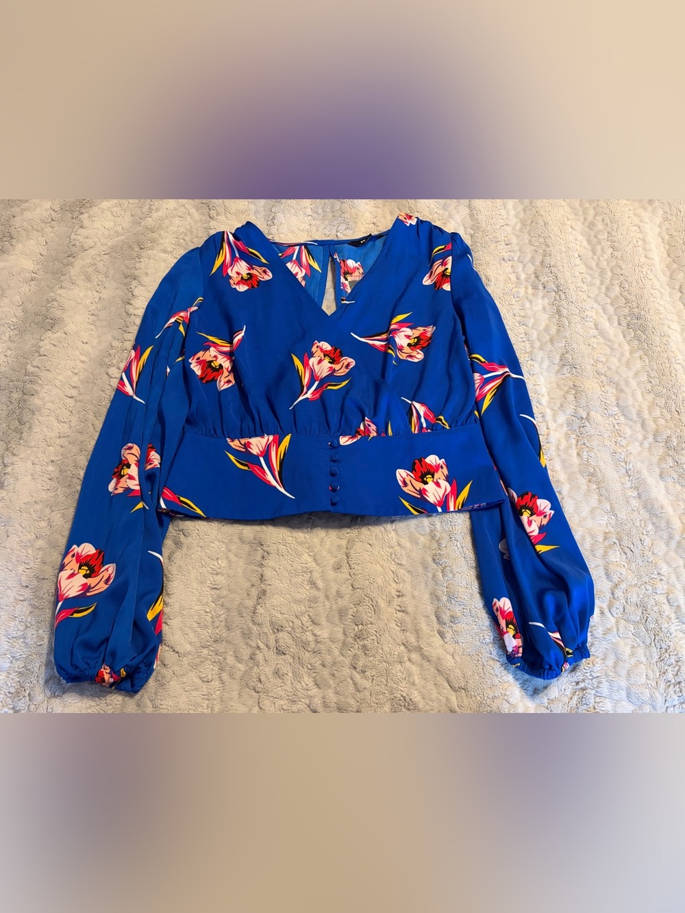 Express Blue Floral V-Neck Long Sleeve Dressy Top